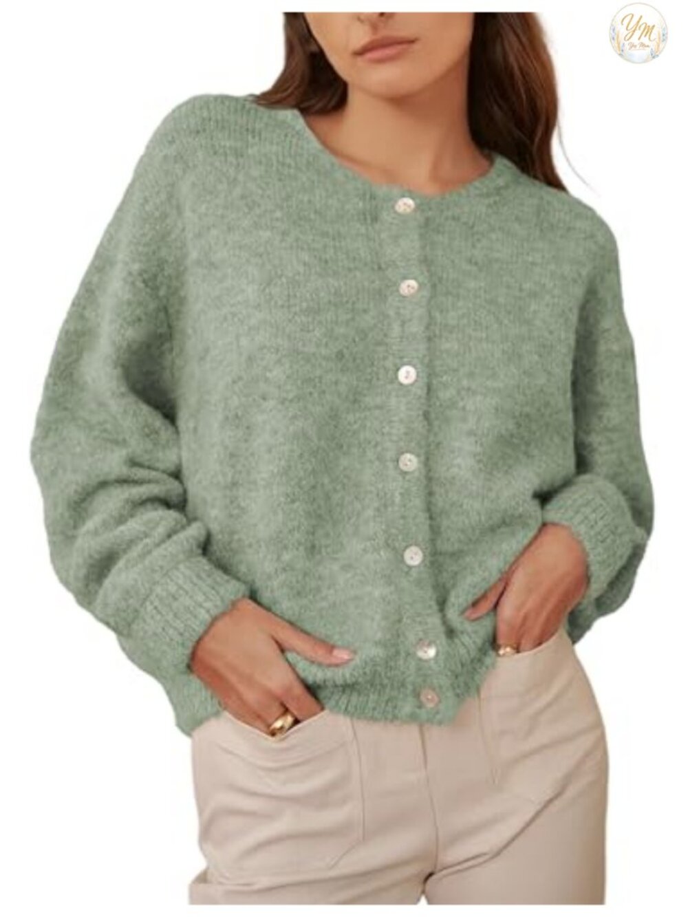 Women's Long Sleeve Cardigan Sweater Front Button Knit Y2K Crewneck